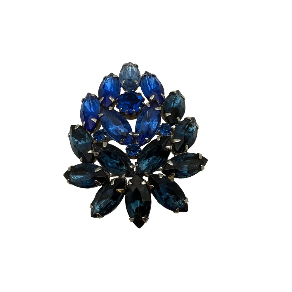 Juliana Blue Rhinestone Brooch Silver Tone Marquise Cobalt Cluster‎ Pin Dripping